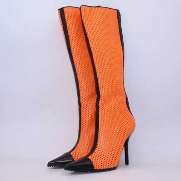 Michael Kors Perforated Leather Abigail Runway Boots Orange/Black Size 40 New - Picture 2 of 12